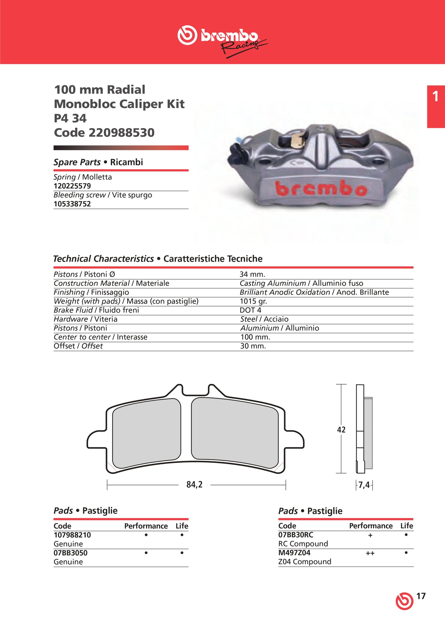 Brembo Radial Calipers Monobloc M4 34 100mm Mount, Left & Right Calipers + 2 Brake Pads + Thermotape