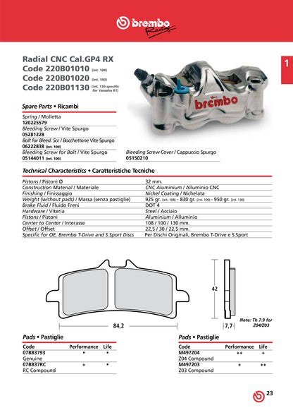 Brembo Radial Calipers GP4 RX CNC P4 32/32 108mm Mount, Left & Right Calipers [Nickel finish]